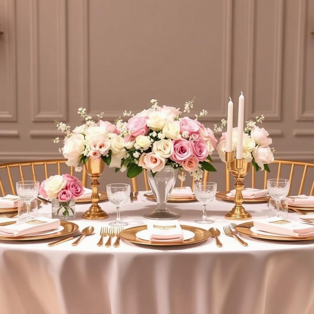 Elegant baby shower table setting in pink and gold