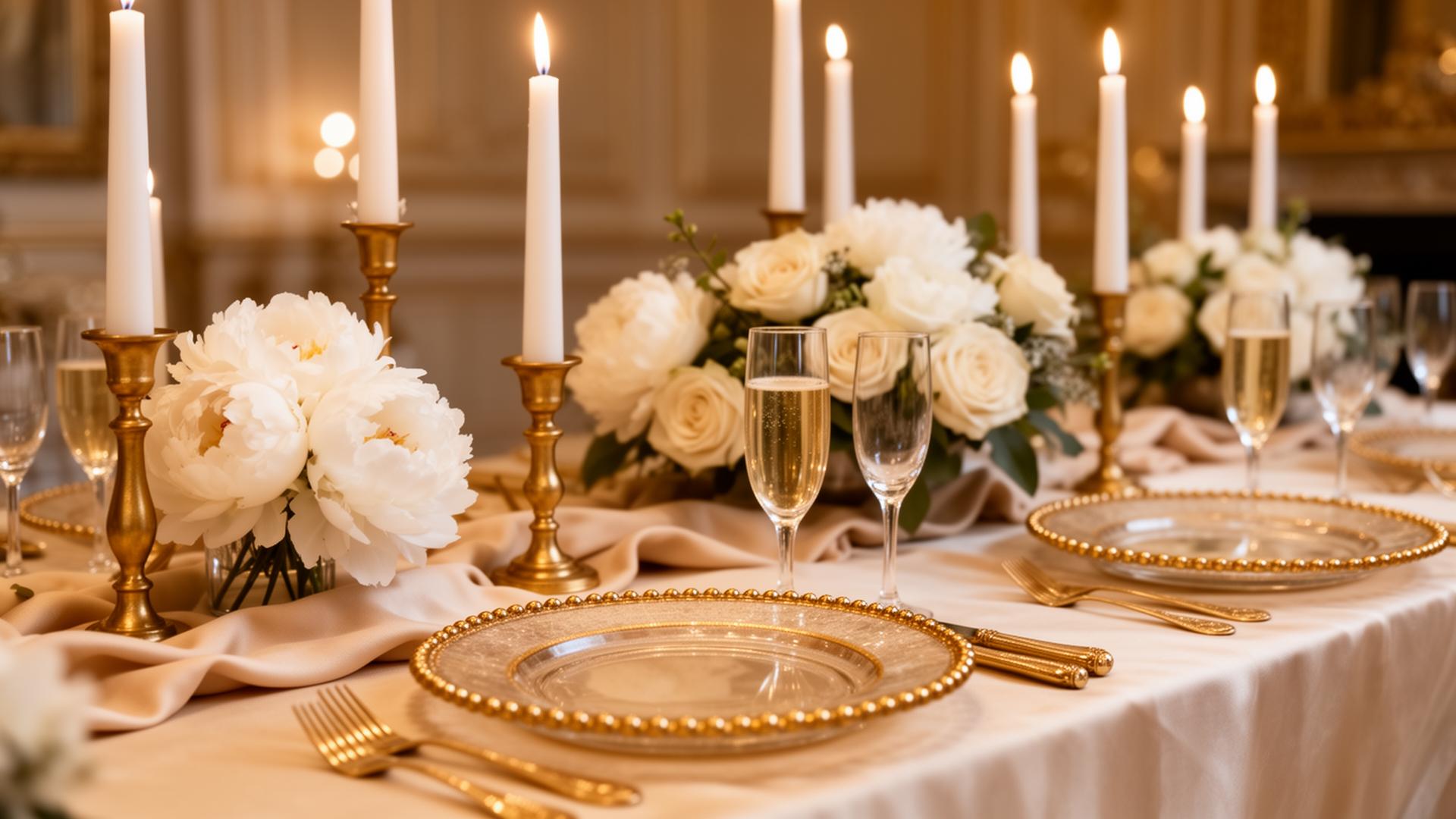 Luxury wedding tablescape with gold beaded chargers and ivory florals